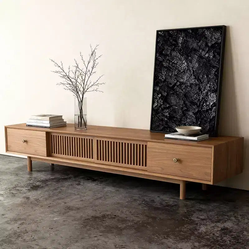 Gaoyangjiaju Meuble TV de 200 cm pour téléviseurs jusqu'à 80 pouces avec tiroirs et portes à lattes Meuble console multimédia pour salon