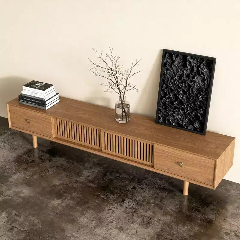 Gaoyangjiaju Meuble TV de 200 cm pour téléviseurs jusqu'à 80 pouces avec tiroirs et portes à lattes Meuble console multimédia pour salon