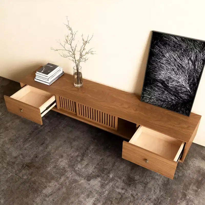 Gaoyangjiaju Meuble TV de 200 cm pour téléviseurs jusqu'à 80 pouces avec tiroirs et portes à lattes Meuble console multimédia pour salon