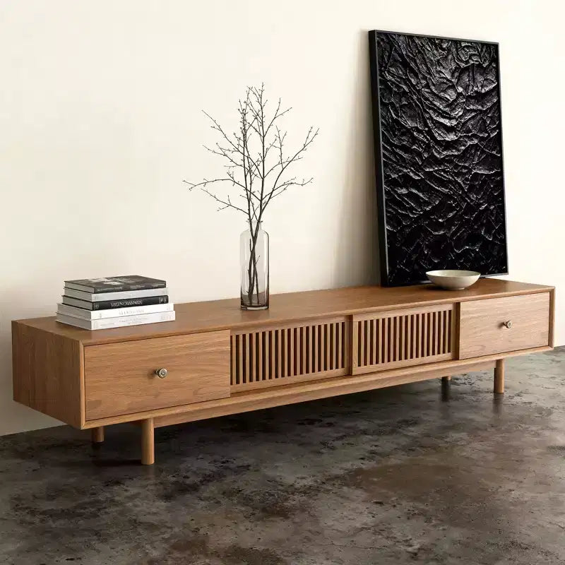 Gaoyangjiaju Meuble TV de 200 cm pour téléviseurs jusqu'à 80 pouces avec tiroirs et portes à lattes Meuble console multimédia pour salon