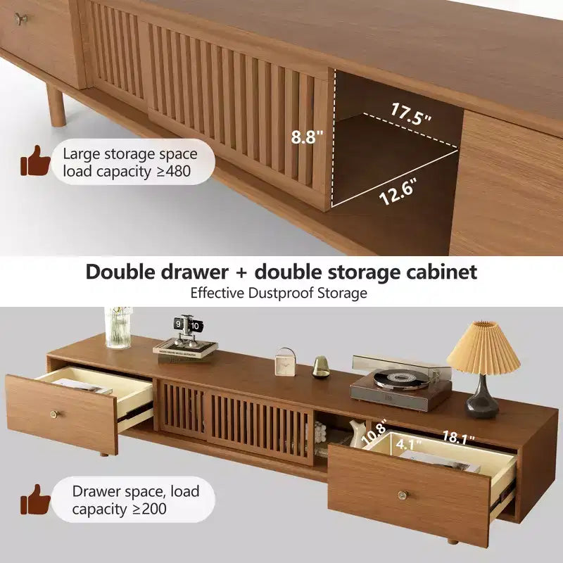 Gaoyangjiaju Meuble TV de 200 cm pour téléviseurs jusqu'à 80 pouces avec tiroirs et portes à lattes Meuble console multimédia pour salon