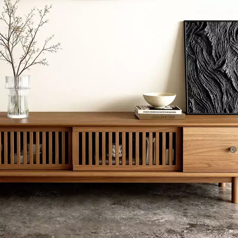Gaoyangjiaju Meuble TV de 200 cm pour téléviseurs jusqu'à 80 pouces avec tiroirs et portes à lattes Meuble console multimédia pour salon