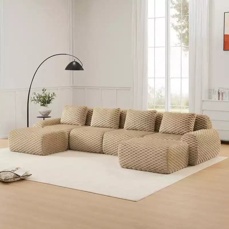 Canapé modulable en U 146, flanelle, 4 places, ottoman, boucle, aucun assemblage requis, Chameau clair