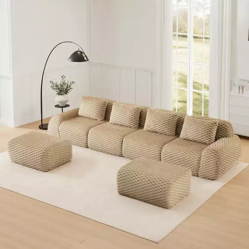 Canapé modulable en U 146, flanelle, 4 places, ottoman, boucle, aucun assemblage requis, Chameau clair