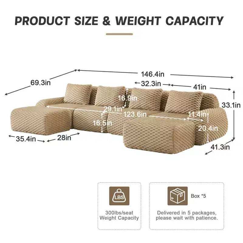 Canapé modulable en U 146, flanelle, 4 places, ottoman, boucle, aucun assemblage requis, Chameau clair