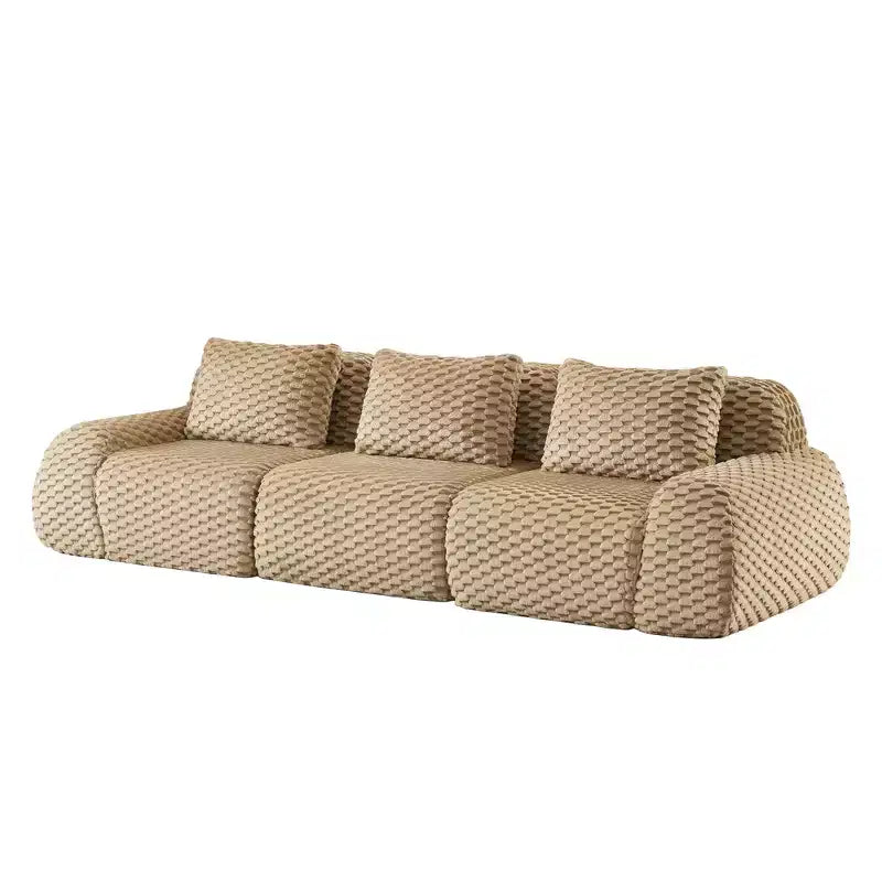114 Canapé d'angle modulable en flanelle 3 places, assise profonde, boucle, sans assemblage, Camel clair