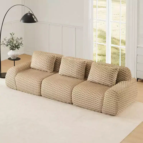 114 Canapé d'angle modulable en flanelle 3 places, assise profonde, boucle, sans assemblage, Camel clair