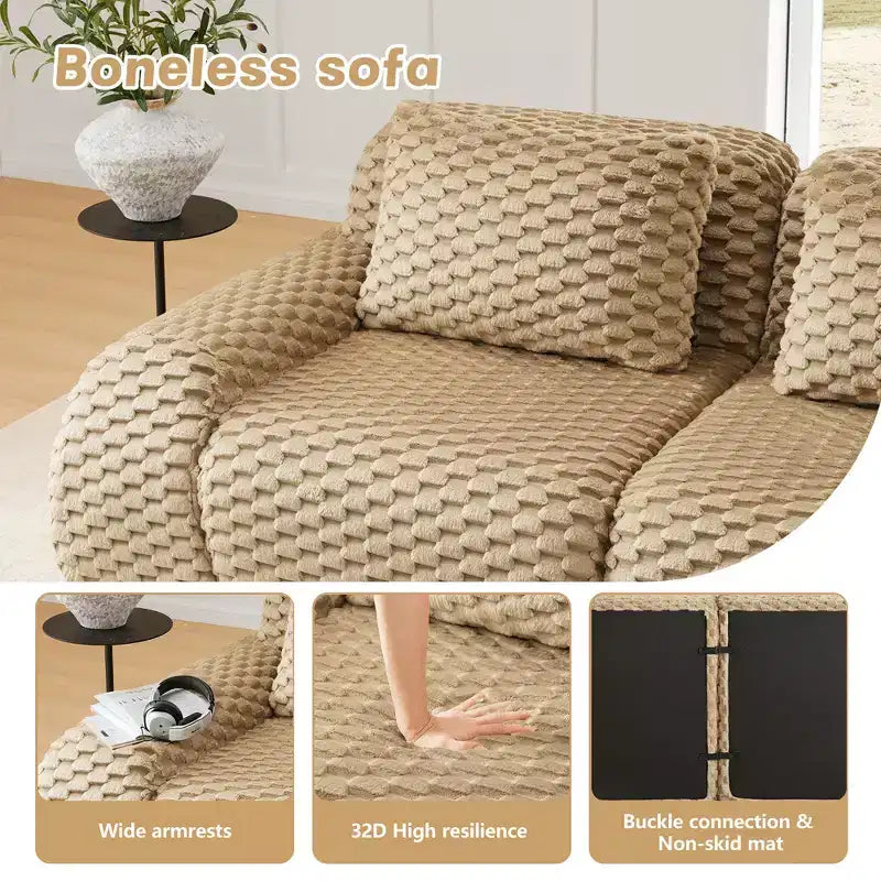 114 Canapé d'angle modulable en flanelle 3 places, assise profonde, boucle, sans assemblage, Camel clair