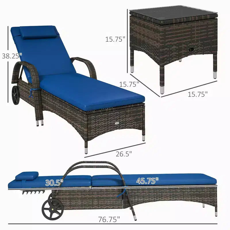 Ensemble de 2 chaises longues de patio en osier avec table, dossier réglable, roues, coussin et appuie-tête