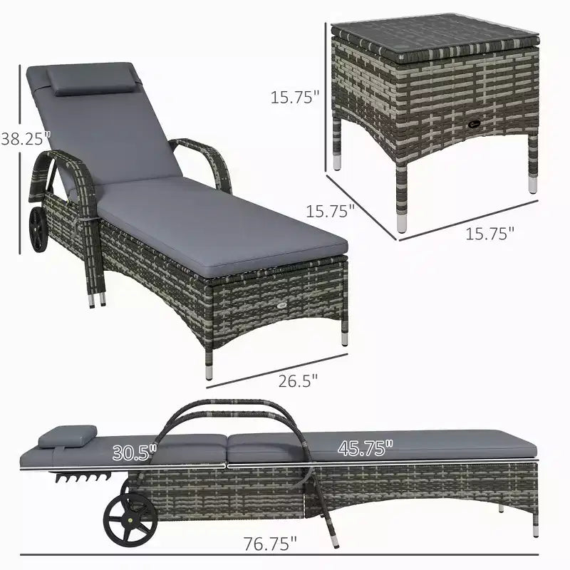 Ensemble de 2 chaises longues de patio en osier avec table, dossier réglable, roues, coussin et appuie-tête