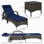 Ensemble de 2 chaises longues de patio en osier avec table, dossier réglable, roues, coussin et appuie-tête
