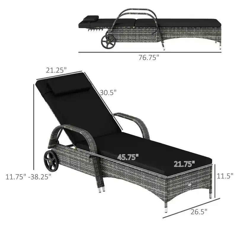 2 chaises longues inclinables, chaises d'extérieur roulantes avec coussin, oreiller, appuie-tête, accoudoirs et roulettes