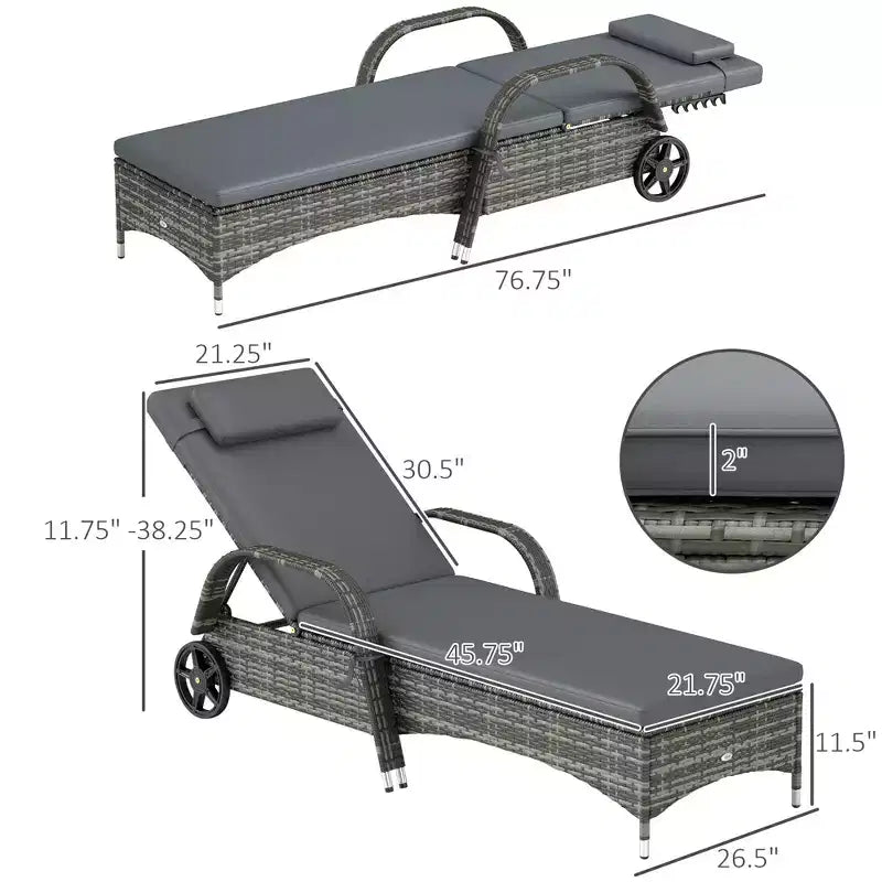 2 chaises longues inclinables, chaises d'extérieur roulantes avec coussin, oreiller, appuie-tête, accoudoirs et roulettes