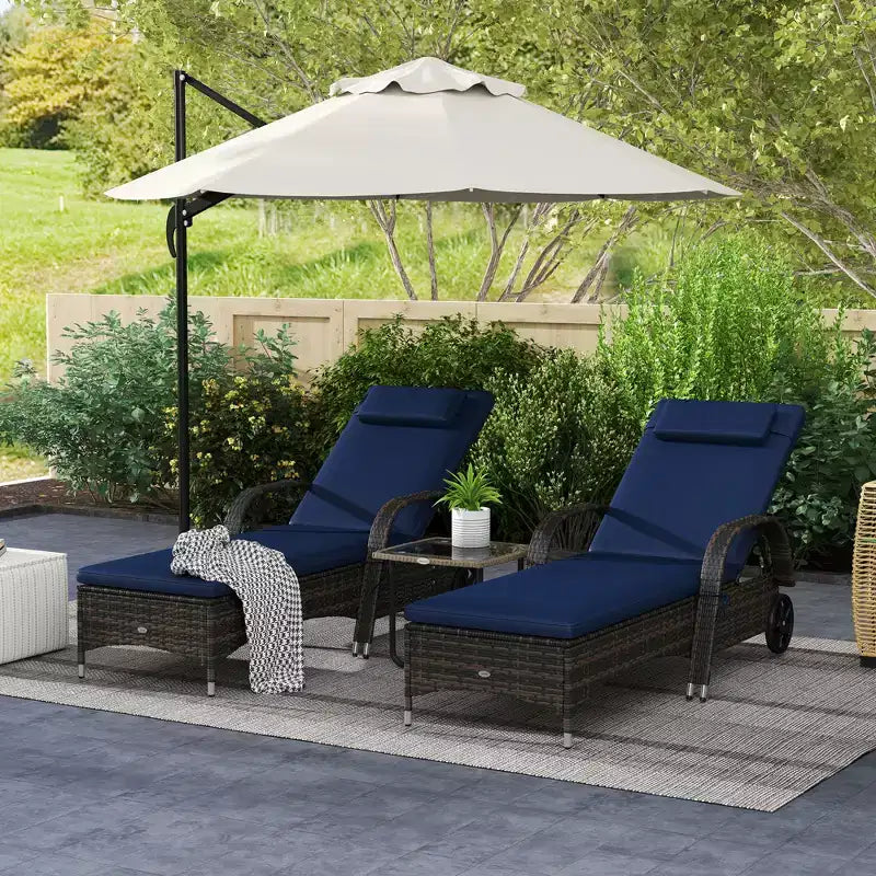 2 chaises longues inclinables, chaises d'extérieur roulantes avec coussin, oreiller, appuie-tête, accoudoirs et roulettes