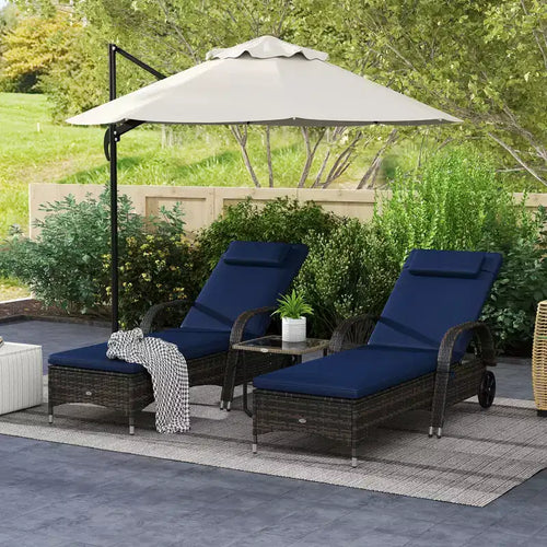 2 chaises longues inclinables, chaises d'extérieur roulantes avec coussin, oreiller, appuie-tête, accoudoirs et roulettes