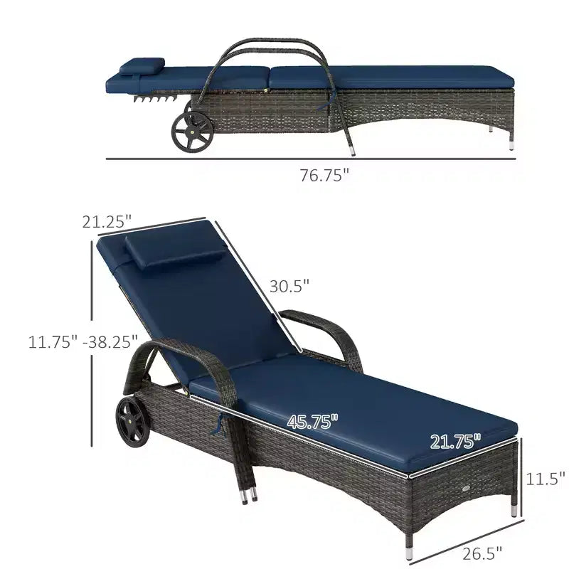 2 chaises longues inclinables, chaises d'extérieur roulantes avec coussin, oreiller, appuie-tête, accoudoirs et roulettes