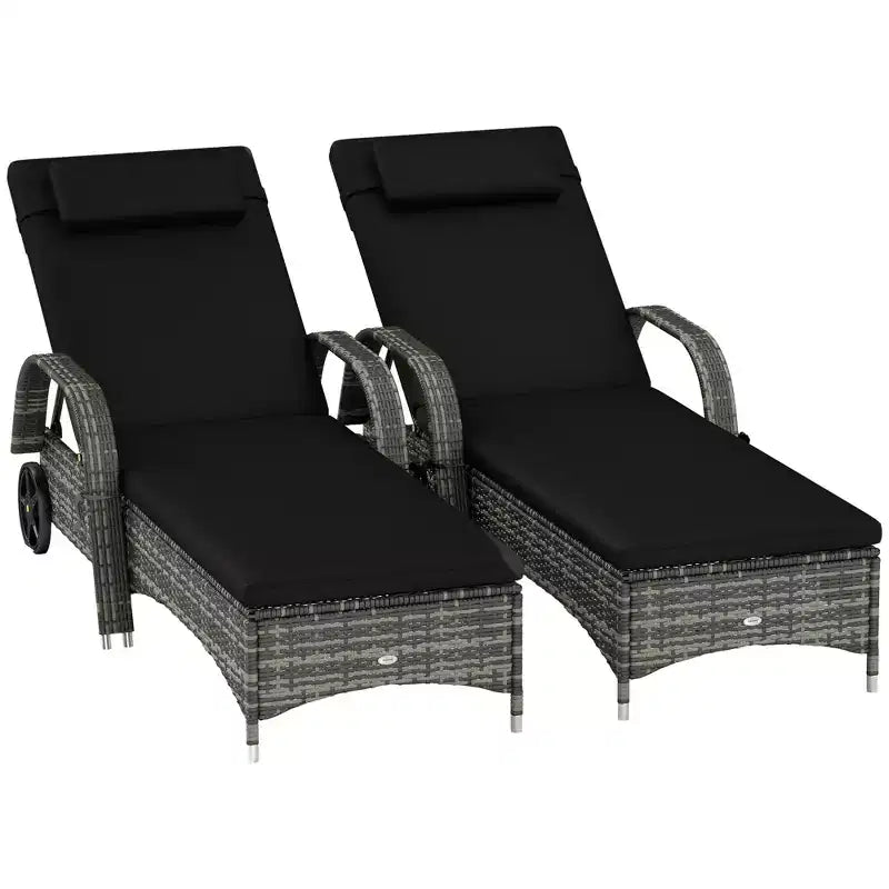 2 chaises longues inclinables, chaises d'extérieur roulantes avec coussin, oreiller, appuie-tête, accoudoirs et roulettes