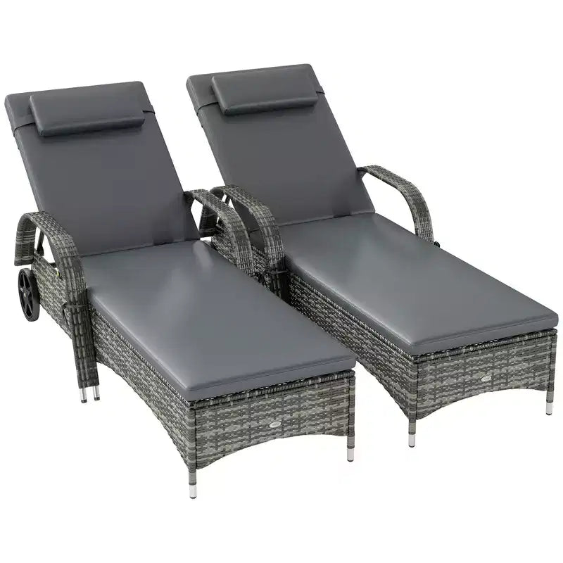 2 chaises longues inclinables, chaises d'extérieur roulantes avec coussin, oreiller, appuie-tête, accoudoirs et roulettes