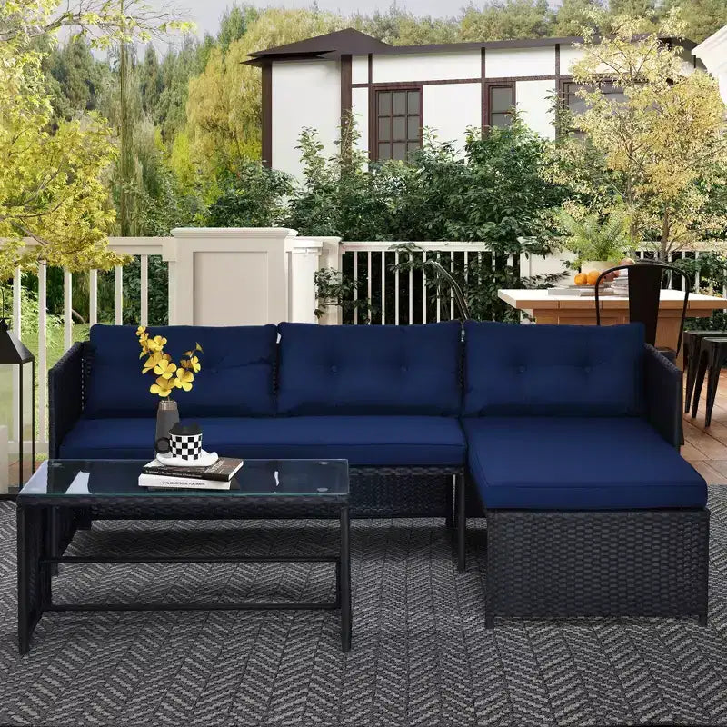 Ensemble de mobilier de patio 3 pièces, ensemble de canapés d'extérieur en rotin avec chaise longue et causeuse, coussins moelleux, table en verre trempé, canapé sectionnel en forme de L