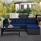 Ensemble de mobilier de patio 3 pièces, ensemble de canapés d'extérieur en rotin avec chaise longue et causeuse, coussins moelleux, table en verre trempé, canapé sectionnel en forme de L