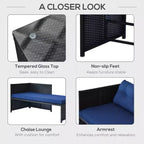 Ensemble de mobilier de patio 3 pièces, ensemble de canapés d'extérieur en rotin avec chaise longue et causeuse, coussins moelleux, table en verre trempé, canapé sectionnel en forme de L