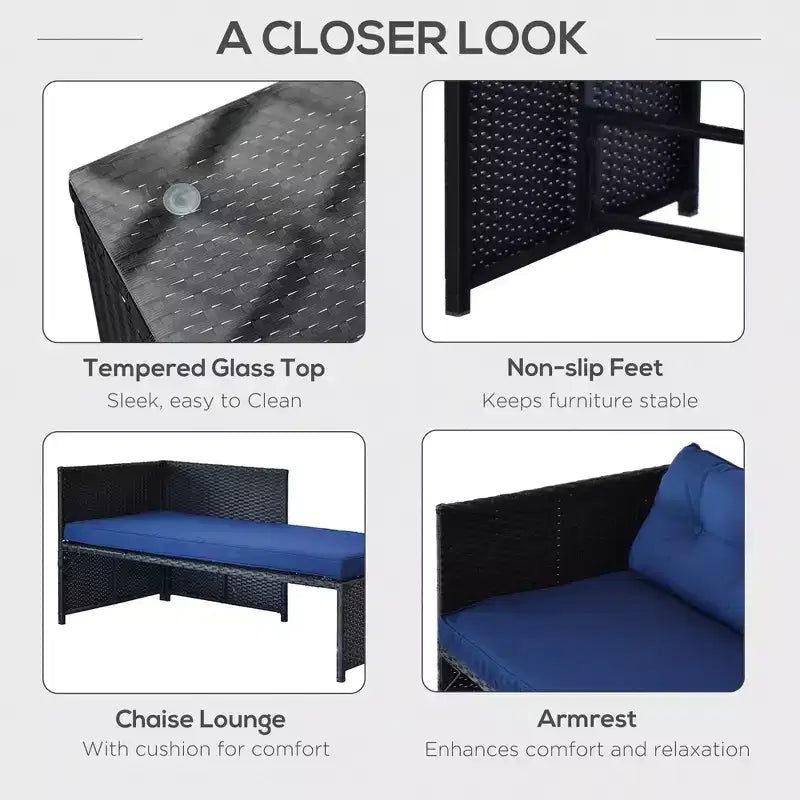 Ensemble de mobilier de patio 3 pièces, ensemble de canapés d'extérieur en rotin avec chaise longue et causeuse, coussins moelleux, table en verre trempé, canapé sectionnel en forme de L