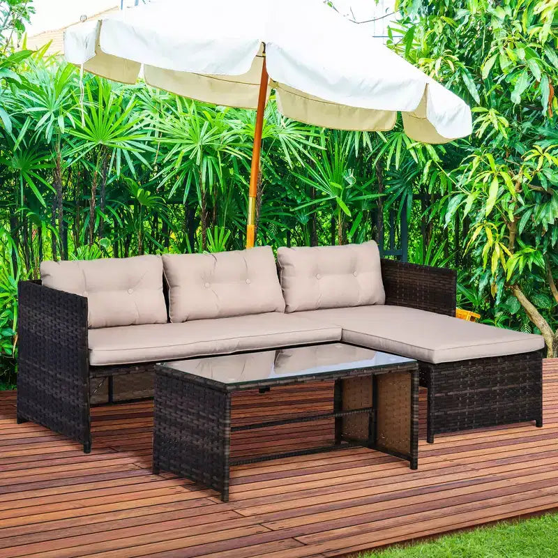 Ensemble de mobilier de patio 3 pièces, ensemble de canapés d'extérieur en rotin avec chaise longue et causeuse, coussins moelleux, table en verre trempé, canapé sectionnel en forme de L