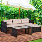 Ensemble de mobilier de patio 3 pièces, ensemble de canapés d'extérieur en rotin avec chaise longue et causeuse, coussins moelleux, table en verre trempé, canapé sectionnel en forme de L