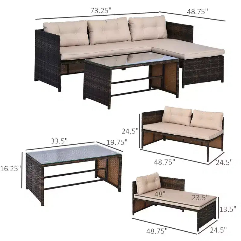Ensemble de mobilier de patio 3 pièces, ensemble de canapés d'extérieur en rotin avec chaise longue et causeuse, coussins moelleux, table en verre trempé, canapé sectionnel en forme de L