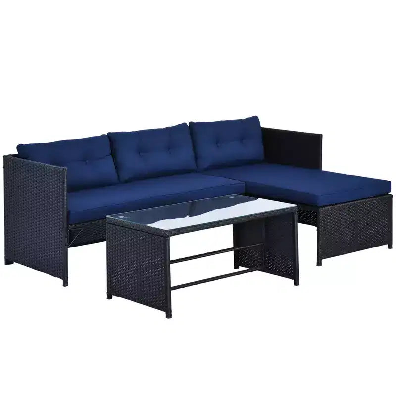 Ensemble de mobilier de patio 3 pièces, ensemble de canapés d'extérieur en rotin avec chaise longue et causeuse, coussins moelleux, table en verre trempé, canapé sectionnel en forme de L