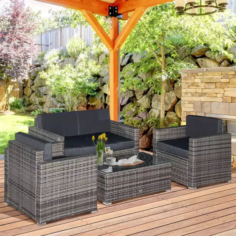 Ensemble de mobilier de patio en osier 4 pièces avec coussins, mobilier de sectionnel extérieur avec 2 canapés, causeuse et table basse en verre, ensemble de canapés de conversation