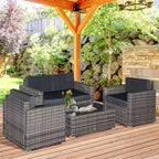 Ensemble de mobilier de patio en osier 4 pièces avec coussins, mobilier de sectionnel extérieur avec 2 canapés, causeuse et table basse en verre, ensemble de canapés de conversation