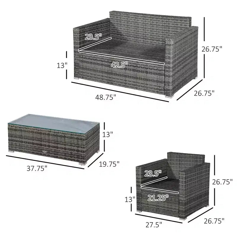 Ensemble de mobilier de patio en osier 4 pièces avec coussins, mobilier de sectionnel extérieur avec 2 canapés, causeuse et table basse en verre, ensemble de canapés de conversation