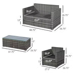 Ensemble de mobilier de patio en osier 4 pièces avec coussins, mobilier de sectionnel extérieur avec 2 canapés, causeuse et table basse en verre, ensemble de canapés de conversation