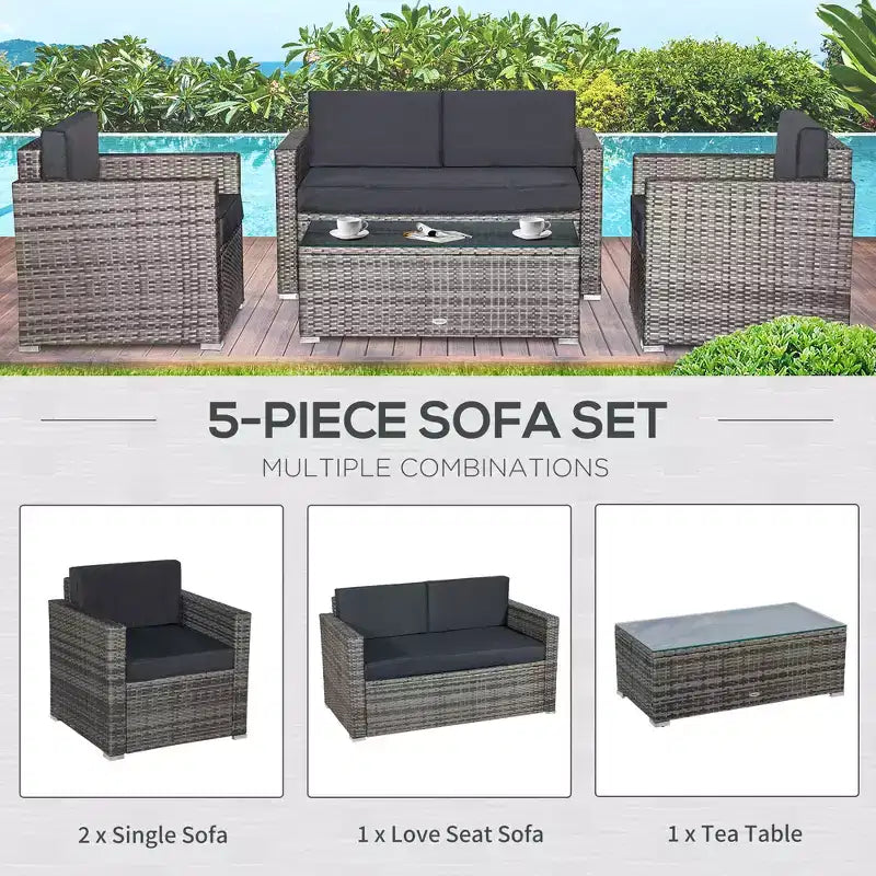 Ensemble de mobilier de patio en osier 4 pièces avec coussins, mobilier de sectionnel extérieur avec 2 canapés, causeuse et table basse en verre, ensemble de canapés de conversation