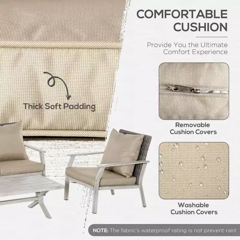 Ensemble de meubles de patio 4 pièces avec coussins, ensembles de canapés de conversation en osier pour l'extérieur, ensembles de canapés à cadre en aluminium pour le jardin, la piscine, le patio