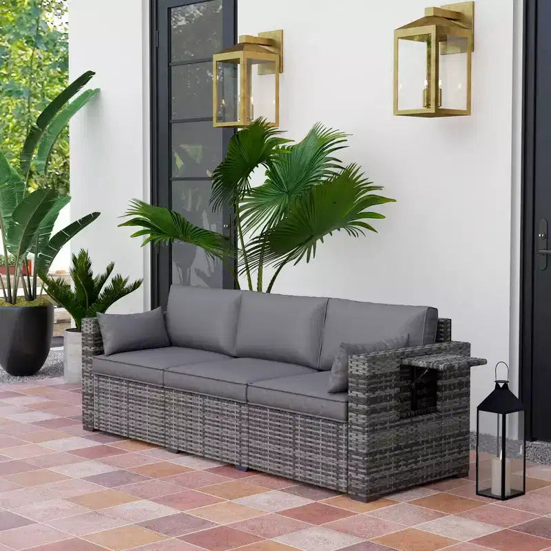 Canapé 3 places en osier avec plateaux latéraux, canapé de patio extérieur avec 6 coussins de dossier épais, assise profonde
