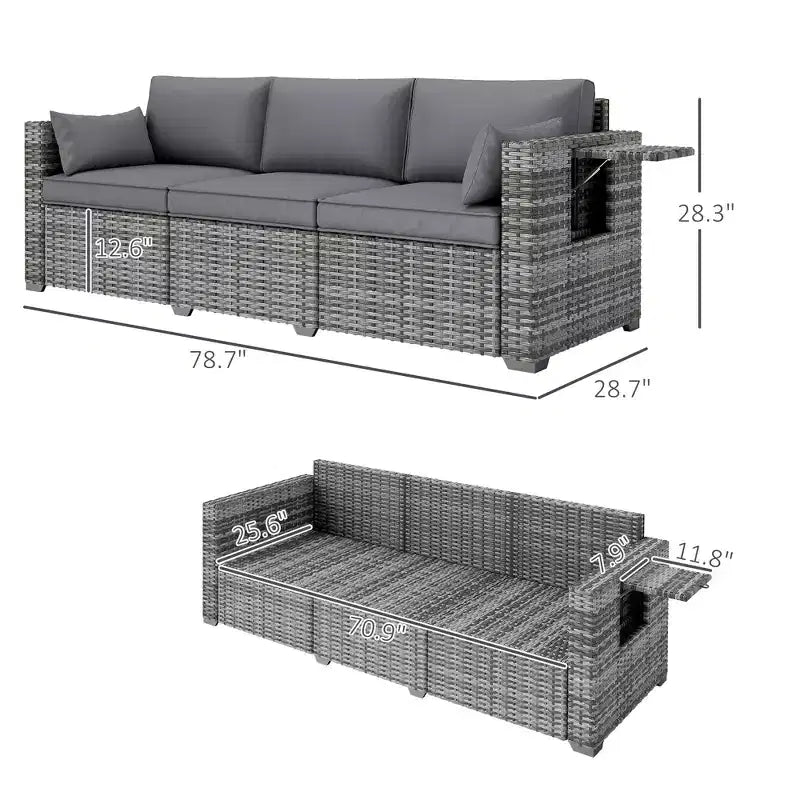 Canapé 3 places en osier avec plateaux latéraux, canapé de patio extérieur avec 6 coussins de dossier épais, assise profonde