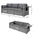 Canapé 3 places en osier avec plateaux latéraux, canapé de patio extérieur avec 6 coussins de dossier épais, assise profonde