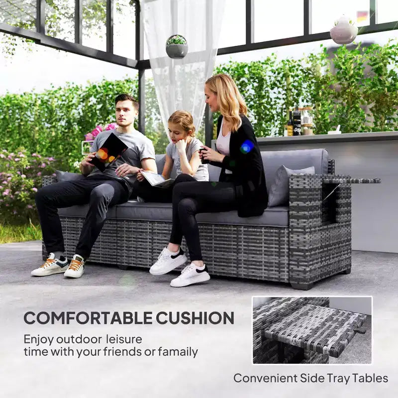 Canapé 3 places en osier avec plateaux latéraux, canapé de patio extérieur avec 6 coussins de dossier épais, assise profonde