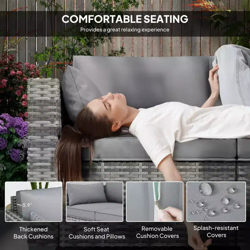 Canapé 3 places en osier avec plateaux latéraux, canapé de patio extérieur avec 6 coussins de dossier épais, assise profonde