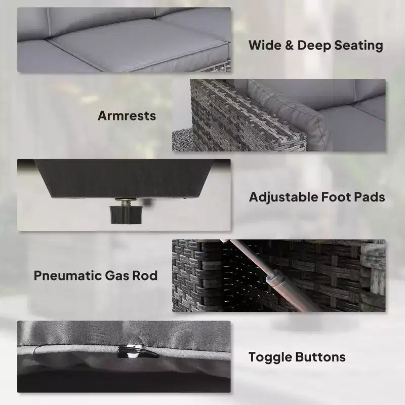 Canapé 3 places en osier avec plateaux latéraux, canapé de patio extérieur avec 6 coussins de dossier épais, assise profonde