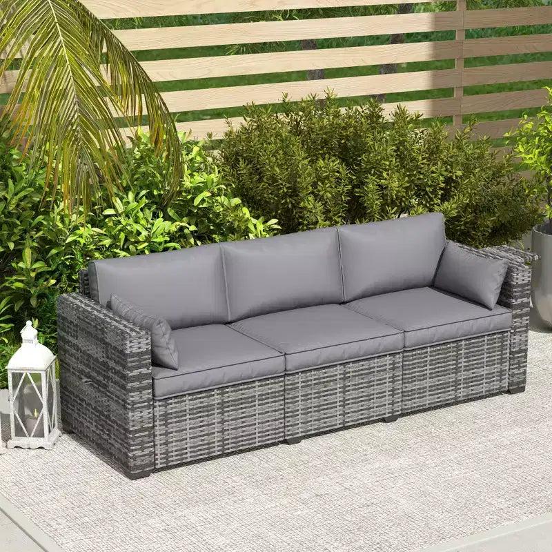 Canapé 3 places en osier avec plateaux latéraux, canapé de patio extérieur avec 6 coussins de dossier épais, assise profonde