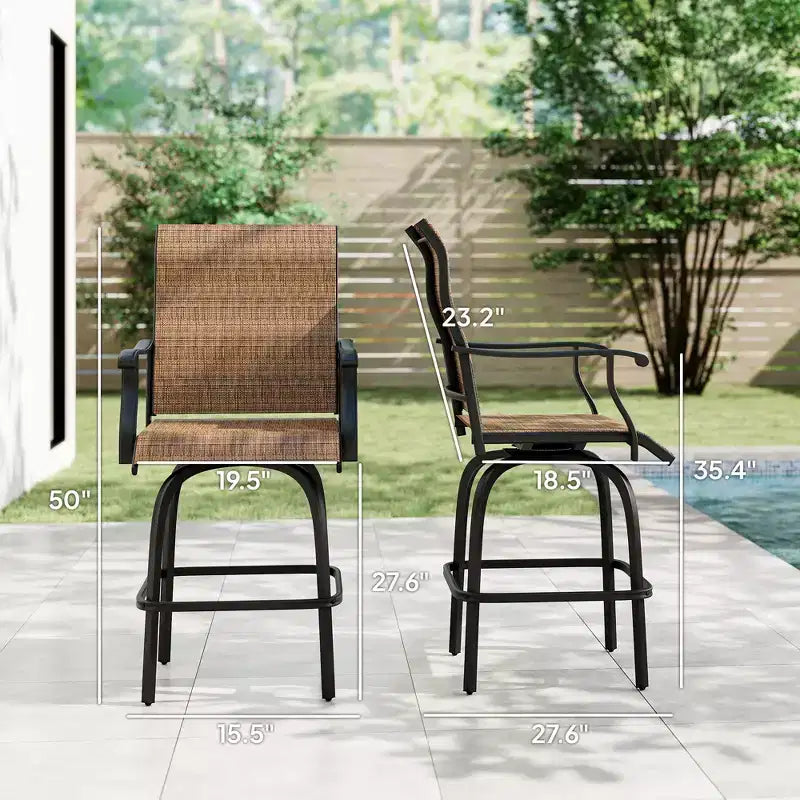 Lot de 2 tabourets de bar pivotants d'extérieur avec accoudoirs, chaises de terrasse hauteur bar avec cadre en acier pour balcon, bord de piscine