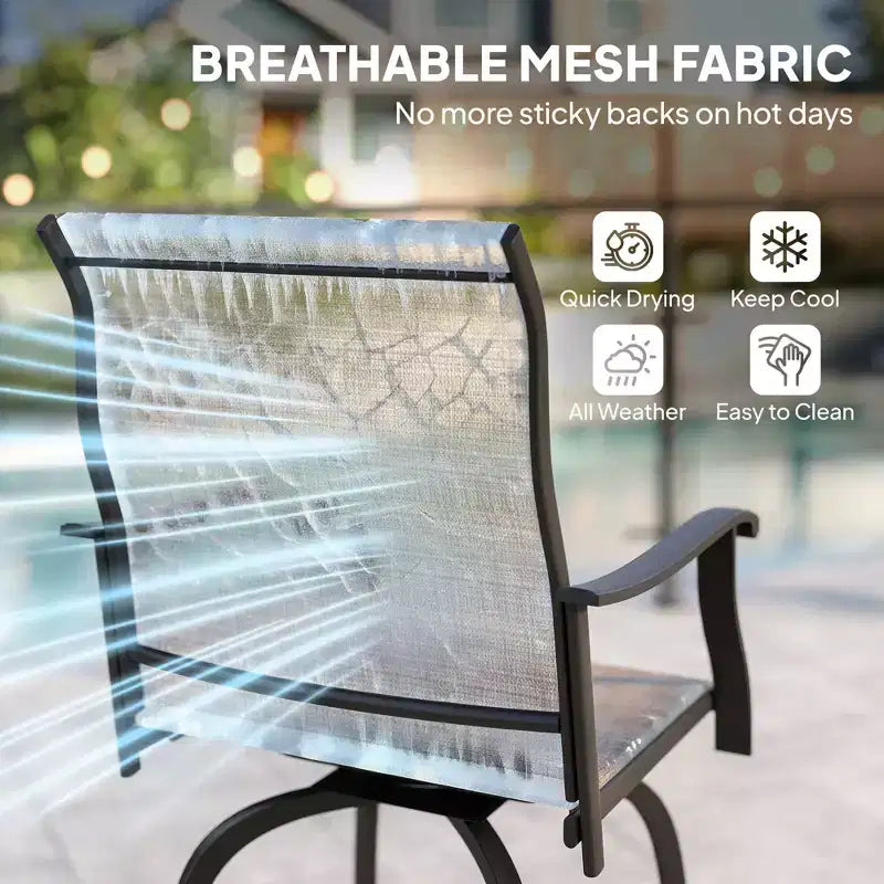 Lot de 2 tabourets de bar pivotants d'extérieur avec accoudoirs, chaises de terrasse hauteur bar avec cadre en acier pour balcon, bord de piscine