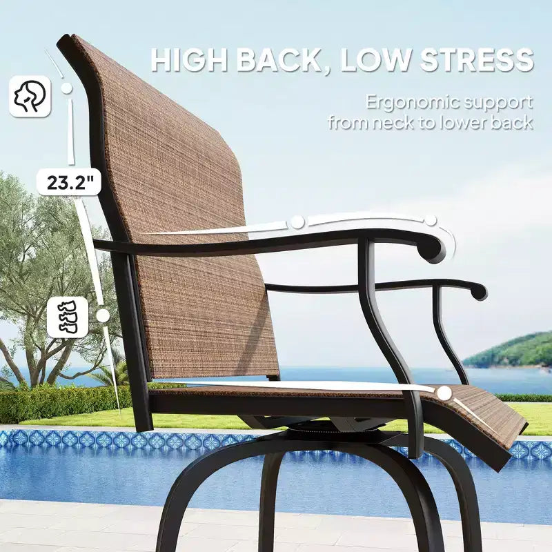 Lot de 2 tabourets de bar pivotants d'extérieur avec accoudoirs, chaises de terrasse hauteur bar avec cadre en acier pour balcon, bord de piscine