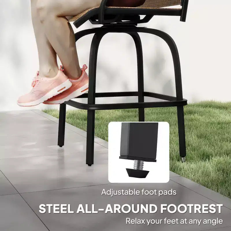 Lot de 2 tabourets de bar pivotants d'extérieur avec accoudoirs, chaises de terrasse hauteur bar avec cadre en acier pour balcon, bord de piscine
