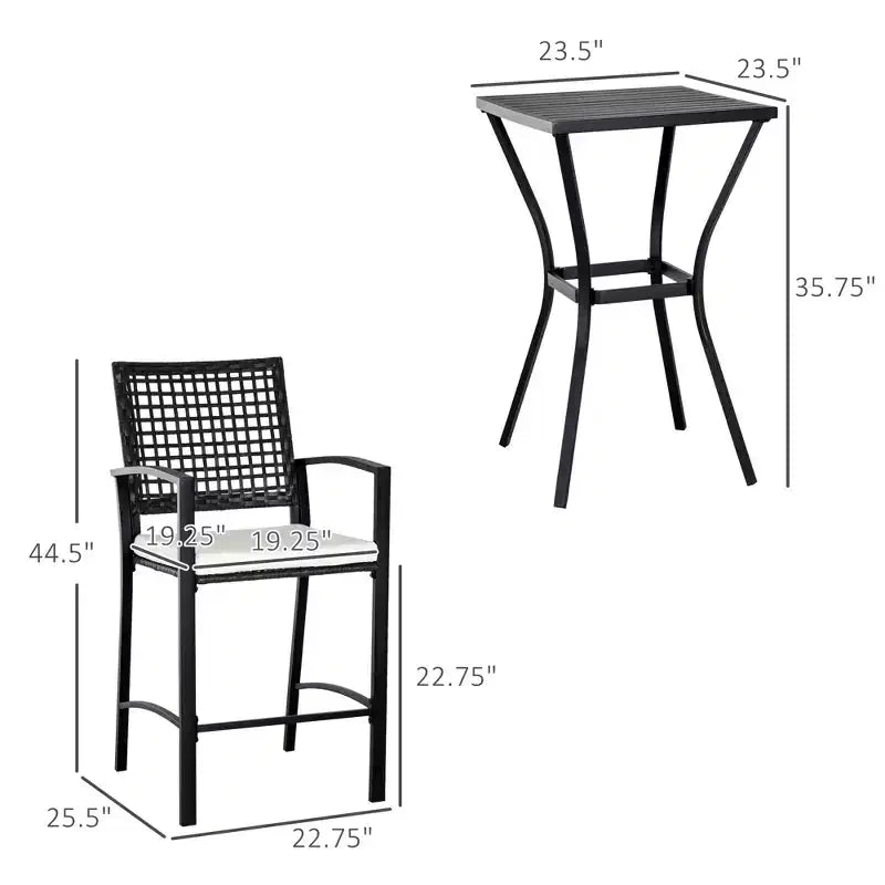Set da bar da esterno 3 pezzi con cuscino morbido, set di mobili da esterno in vimini rattan per cortili, prati, ponti