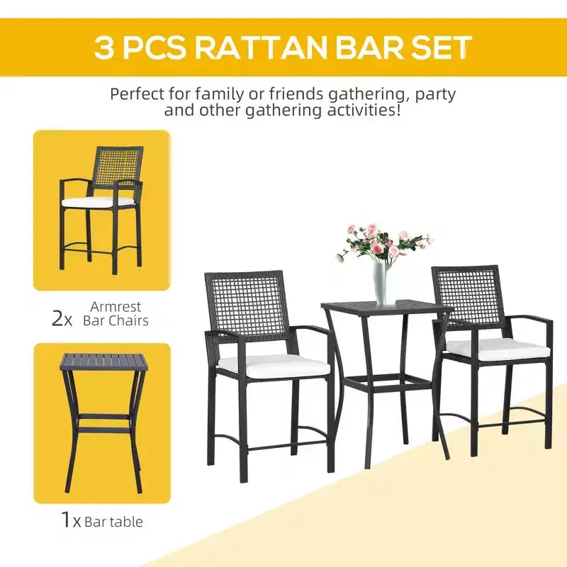 Set da bar da esterno 3 pezzi con cuscino morbido, set di mobili da esterno in vimini rattan per cortili, prati, ponti