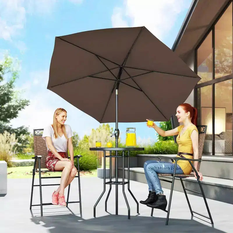 Set da bar da esterno da 4 pezzi con ombrellone, set da pranzo per patio con 2 sedie pieghevoli, tavolo in vetro temperato con texture a onde per cortile, giardino, terrazza, bordo piscina